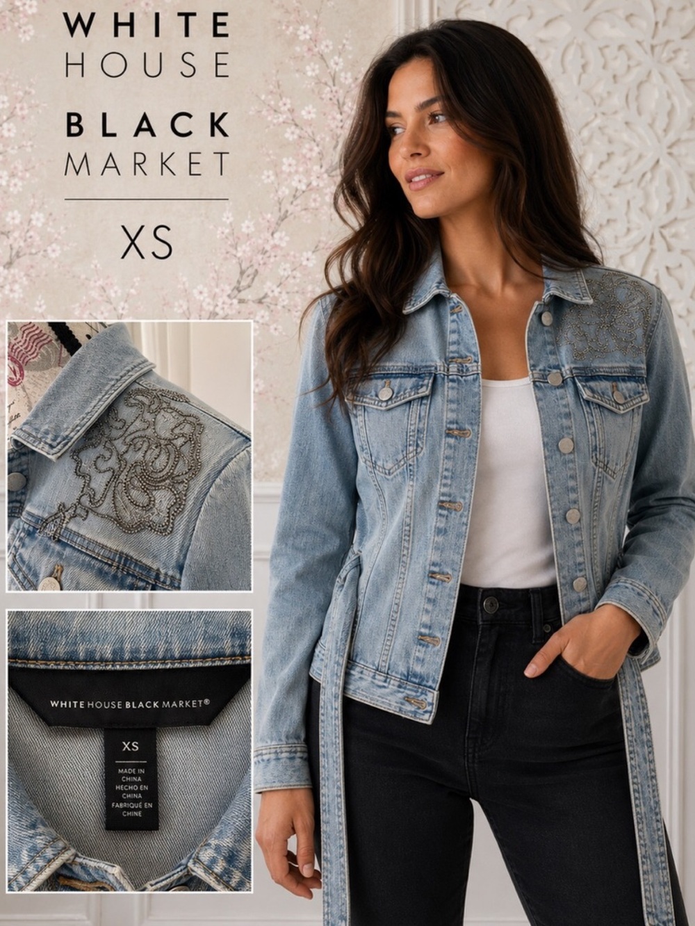White House Black Market Embellished Denim Jacket Belted Light Wash Jean Jacket